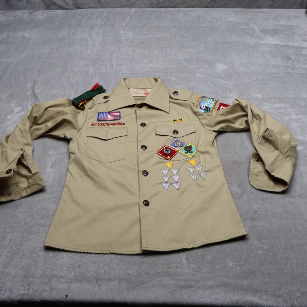 Boy Scouts of America Shirt Youth Small Brown Patches Long Sleeve Uniform VTG